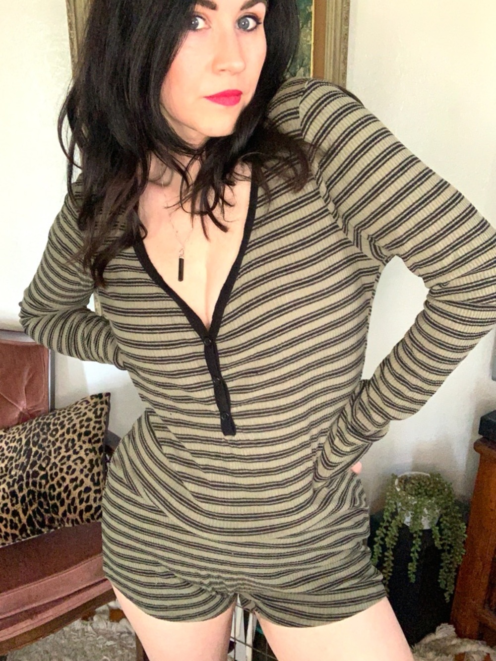 Heart Hips Olive and Black Striped Ribbed Romper